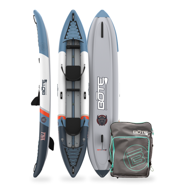 Inflatable paddle boards and a carrying bag with BOTE branding on a white background