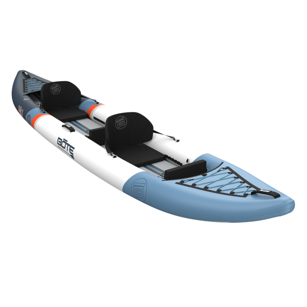 Blue and white kayak with seats on a white background