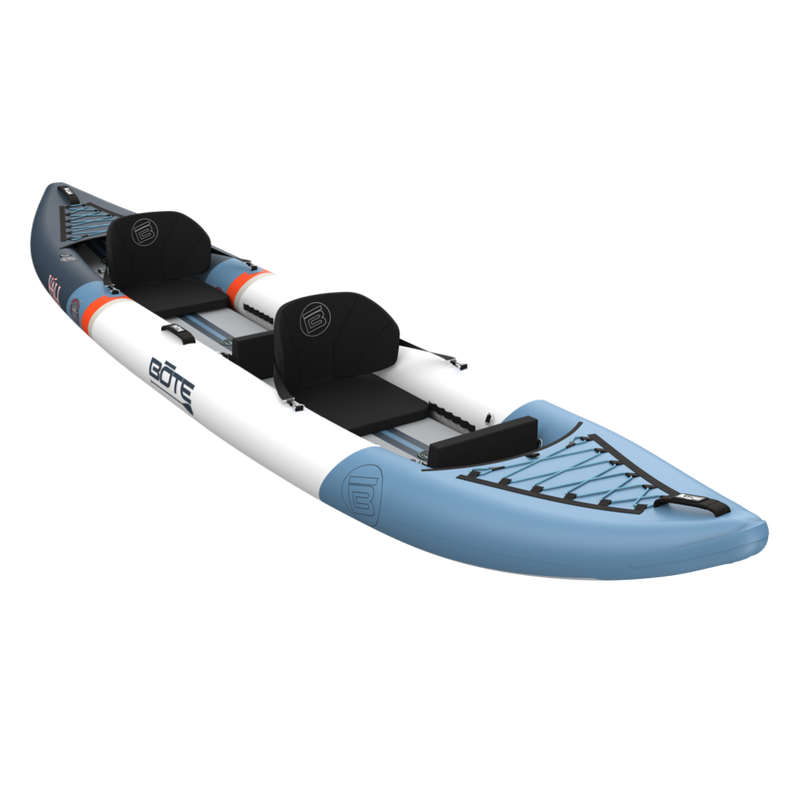 Blue and white kayak with seats on a white background