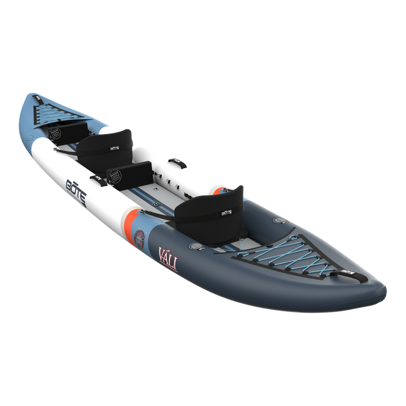 Inflatable kayak with blue and gray design on a white background