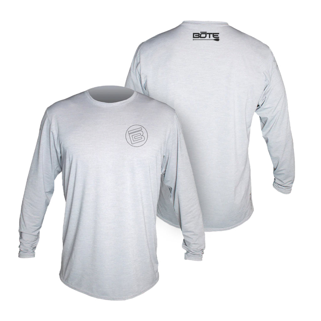 Front and back image of the Men's Low Pro Tech Long Sleeve Alloy Heathered