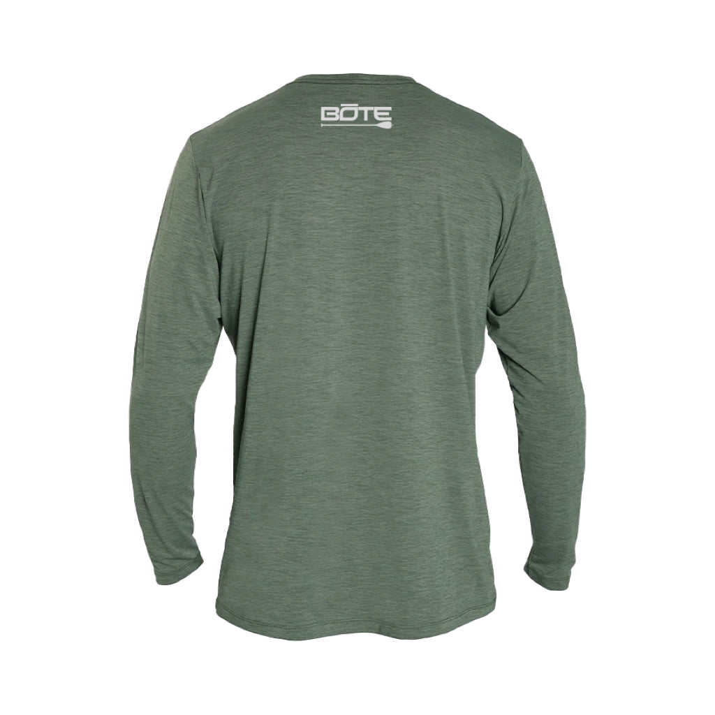 Back view the Men's Low Pro Tech Long Sleeve Dark Olive Heathered