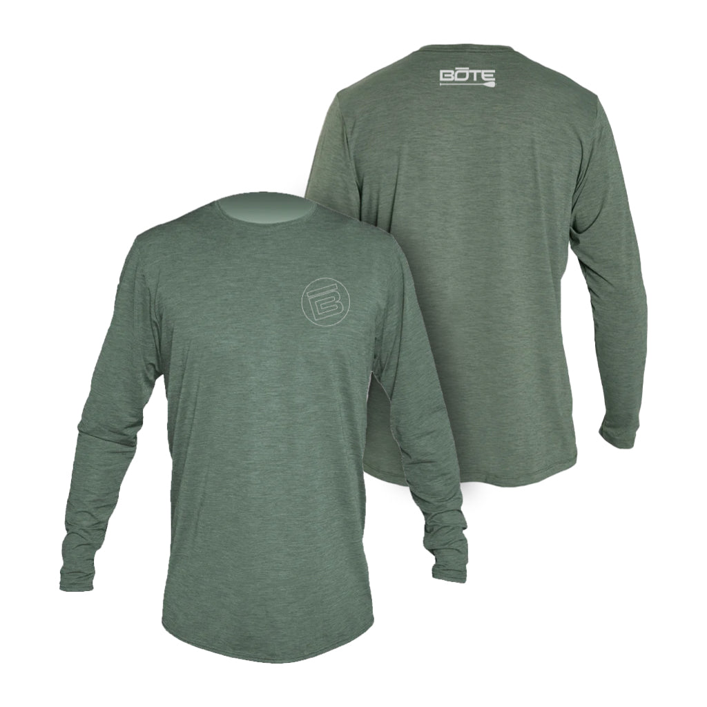 Front and back image of the Men's Low Pro Tech Long Sleeve Dark Olive Heathered