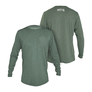 Front and back image of the Men's Low Pro Tech Long Sleeve Dark Olive Heathered
