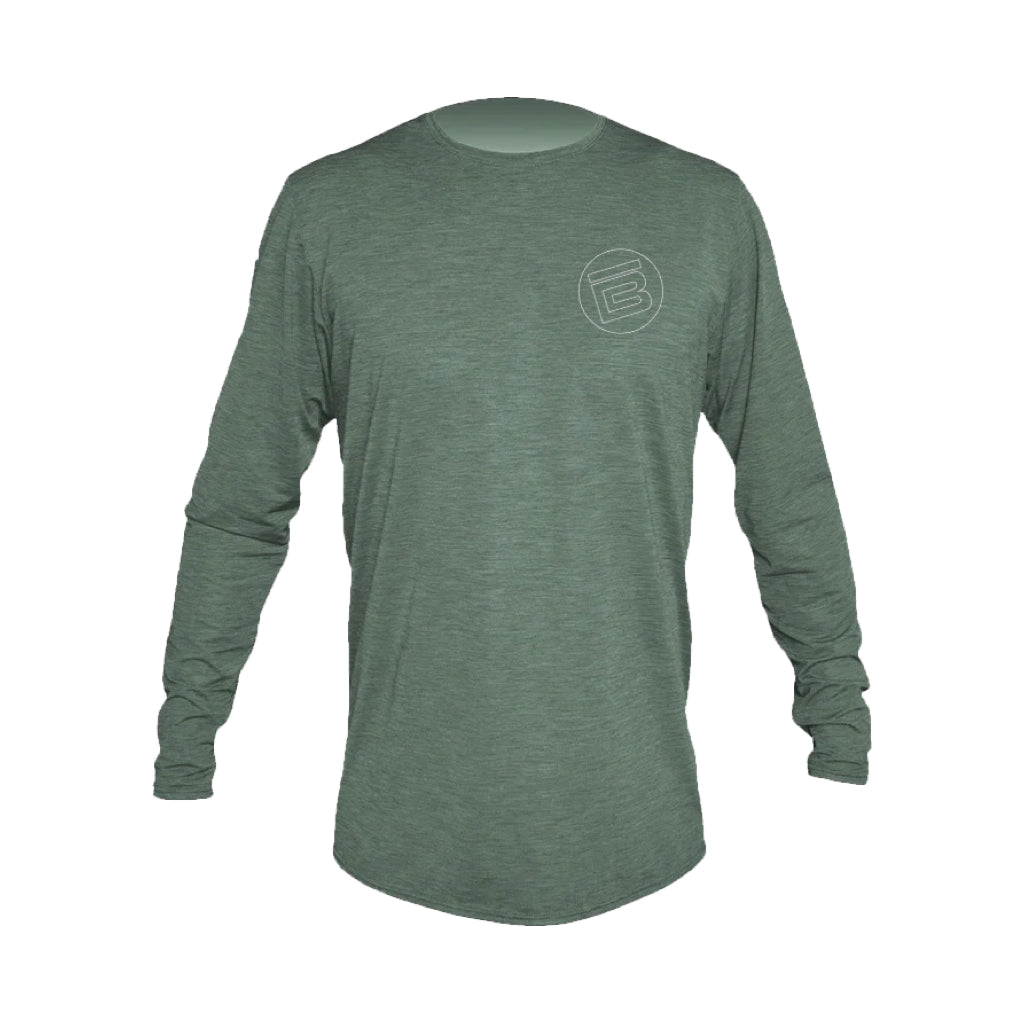 Front view of the Men's Low Pro Tech Long Sleeve Dark Olive Heathered