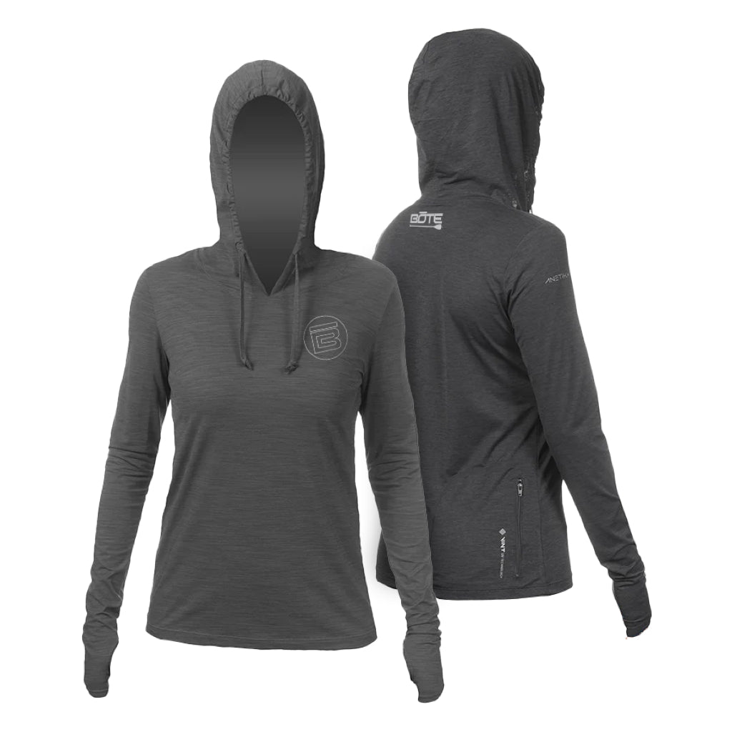 Front and back image of the Women's Breeze Tech Hoody Charcoal Heathered