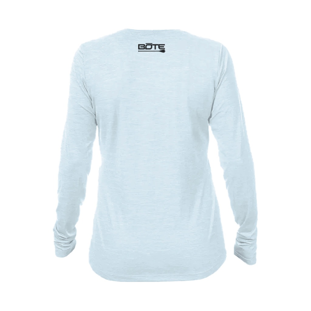 Back view the Women's Breeze Tech Long Sleeve Sky Heathered
