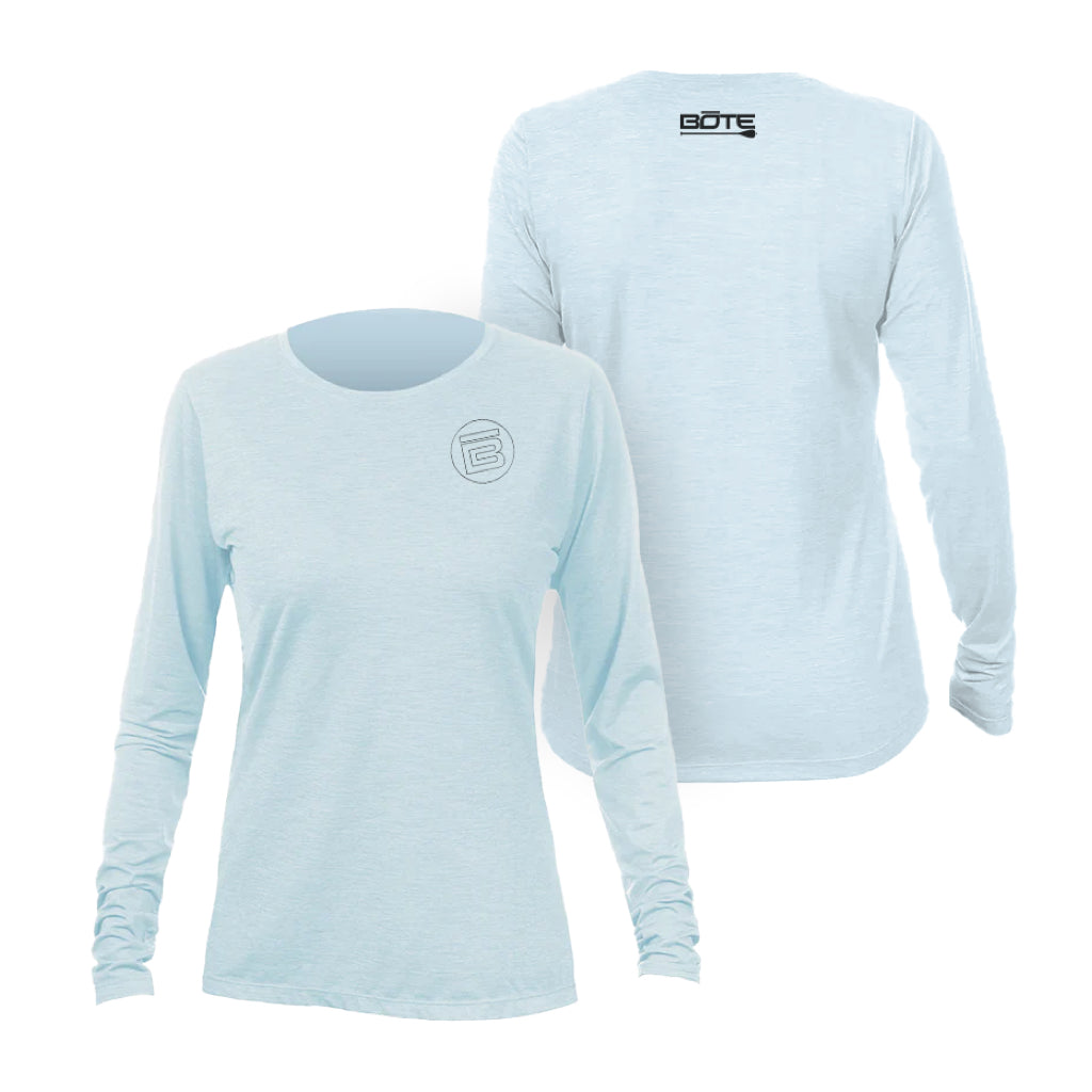 Front and back image of the Women's Breeze Tech Long Sleeve Sky Heathered