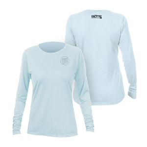 Front and back image of the Women's Breeze Tech Long Sleeve Sky Heathered