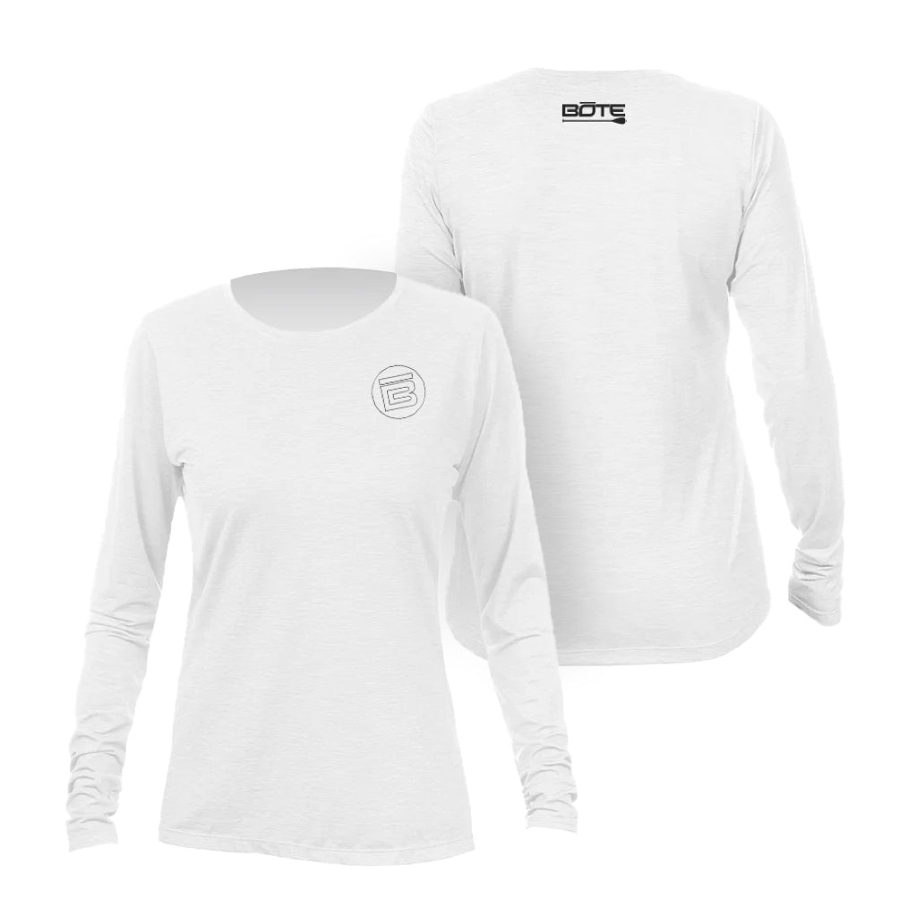 Front and back image of the Women's Breeze Tech Long Sleeve White Heathered