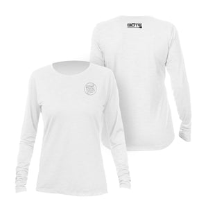 Front and back image of the Women's Breeze Tech Long Sleeve White Heathered