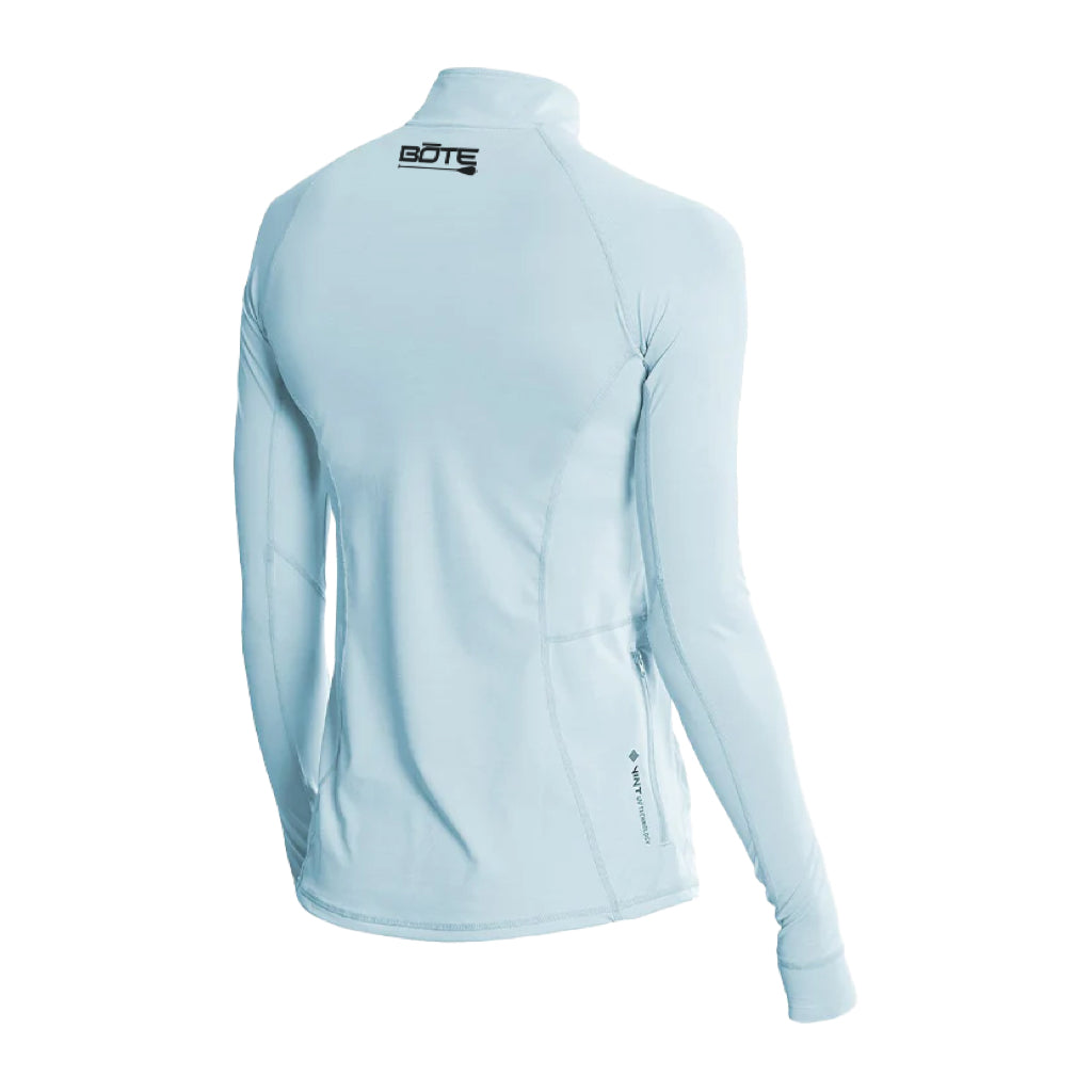 Back view of Women's Flight Tech Long Sleeve Sky Heathered with BOTE logo on upper back.