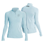 Front and back view of Women's Flight Tech Long Sleeve Sky Heathered with logo on chest and back.