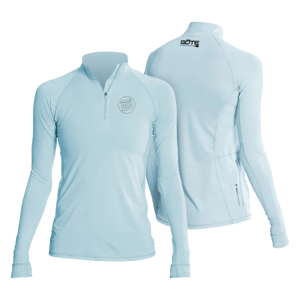 Front and back view of Women's Flight Tech Long Sleeve Sky Heathered with logo on chest and back.
