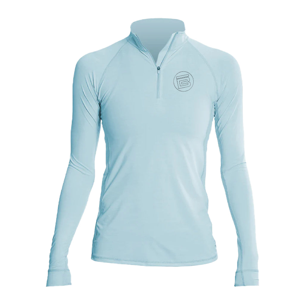 Front view of Women's Flight Tech Long Sleeve Sky Heathered with BOTE logo on left chest.