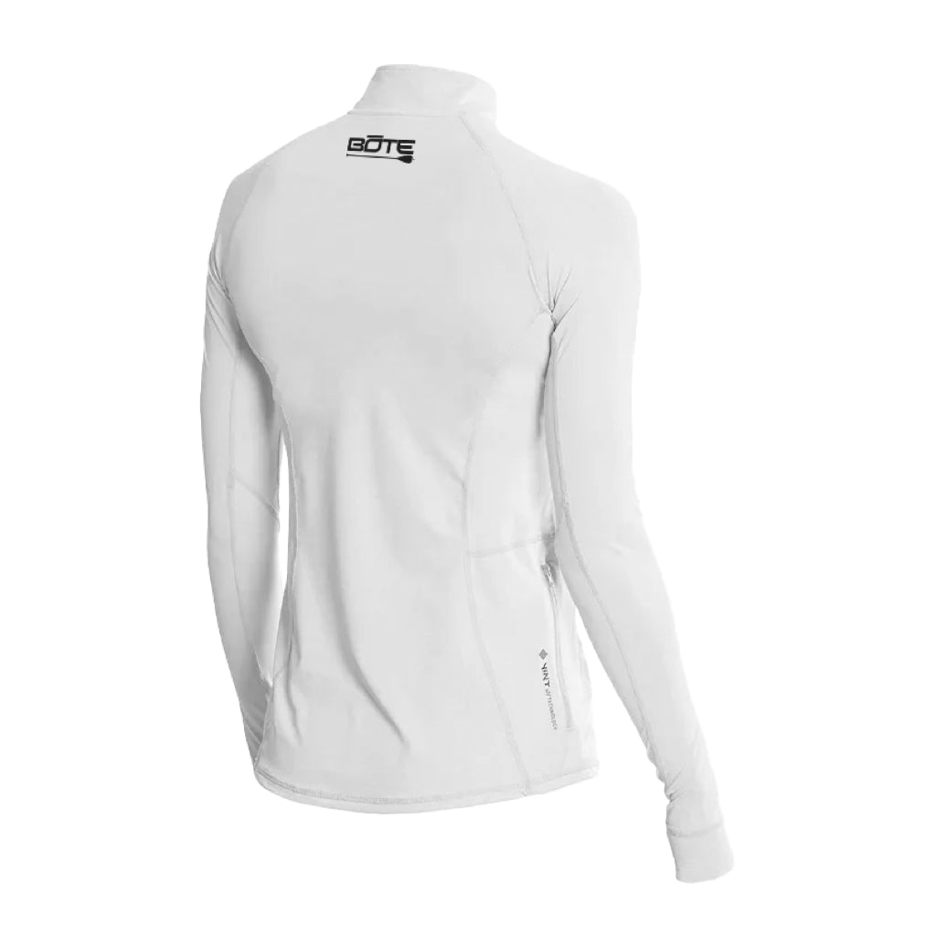 Women's Flight Tech Long Sleeve White Heathered, back view showing black BOTE logo near neckline.