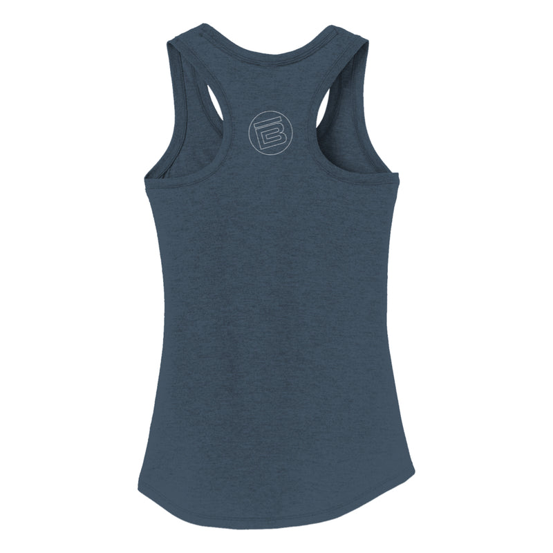 Back view the Womens BOTE Logo Navy Tank