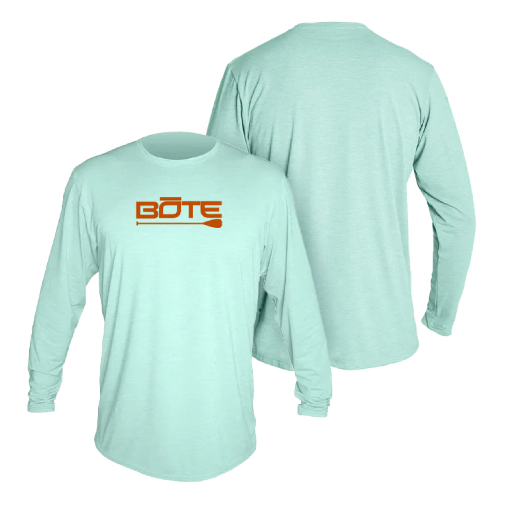 Front and back image of the Youth Low Pro Tech Long Sleeve BOTE Logo Seafoam Heathered