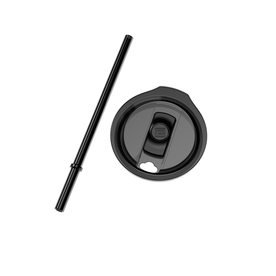 Top view of the MAGNETumbler 32oz Replacement Lid with black straw placed beside the lid.