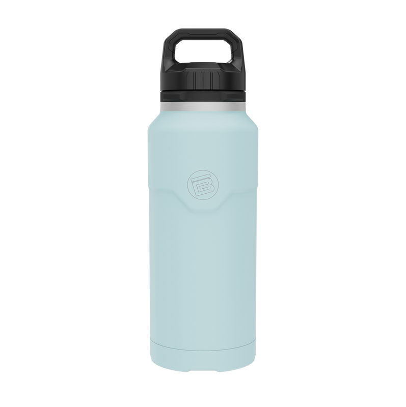 A direct front view of the MAGNEBottle 36oz with Cap Steel Blue, highlighting its main design and branding elements.