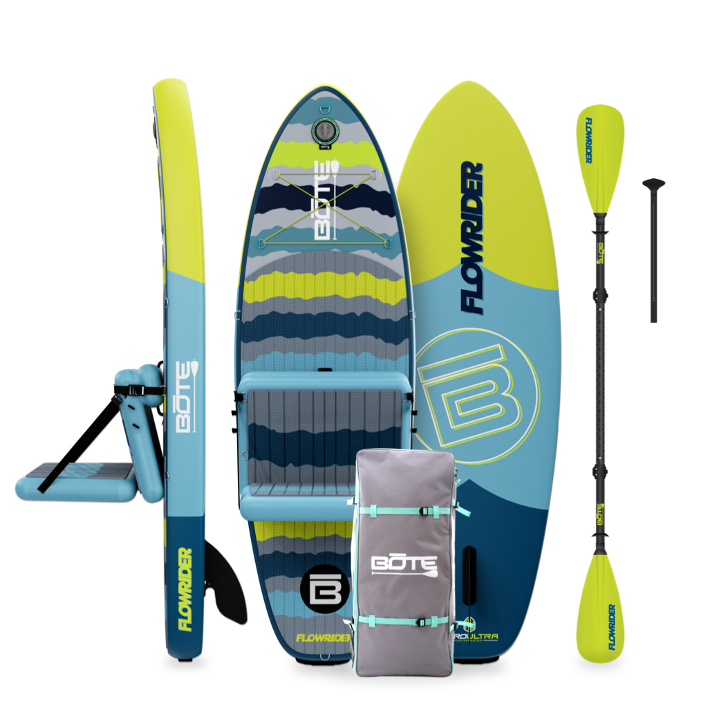 Front, side, and top views of Kids FlowRider board with seat, paddle, and travel bag shown.