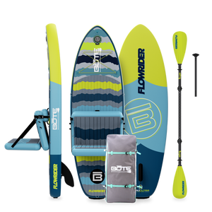 Front, side, and top views of Kids FlowRider board with seat, paddle, and travel bag shown.