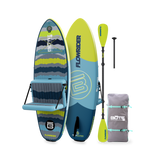 Angled side view showing Kids FlowRider board with seat, paddle, and front bungees.