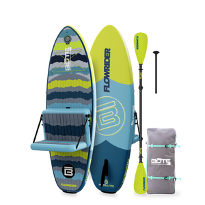 Angled side view showing Kids FlowRider board with seat, paddle, and front bungees.