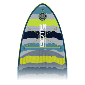 Close-up top nose view of Kids FlowRider board with bungee cords and wave pattern.