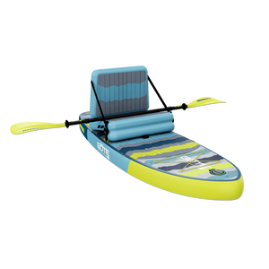 Angled side view showing Kids FlowRider board with seat, paddle, and front bungees.