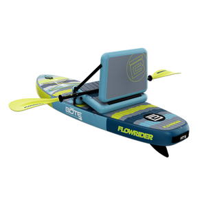 Rear angle of Kids FlowRider board with seat, paddle, and wavy deck design.