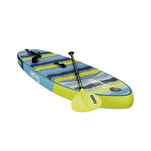 Angled front-right view of Kids FlowRider with paddle and coiled leash on deck.