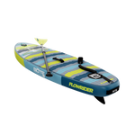 Angled rear-left view showing Kids FlowRider paddle board with paddle across deck.