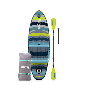 Top-down view of Kids FlowRider with seat, neon paddle, and gray BOTE bag.