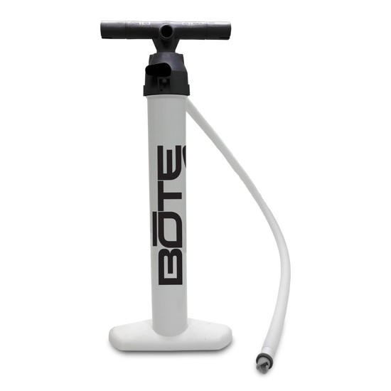 Front view of white Aero Hand Pump with black handle and coiled white hose attached.