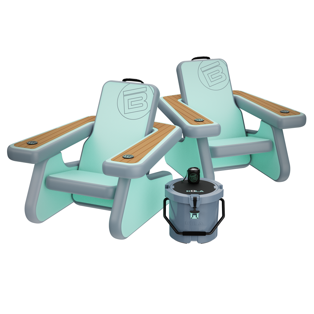 Front view of Inflatable AeroRondak® Chair Classic with KULA cooler package