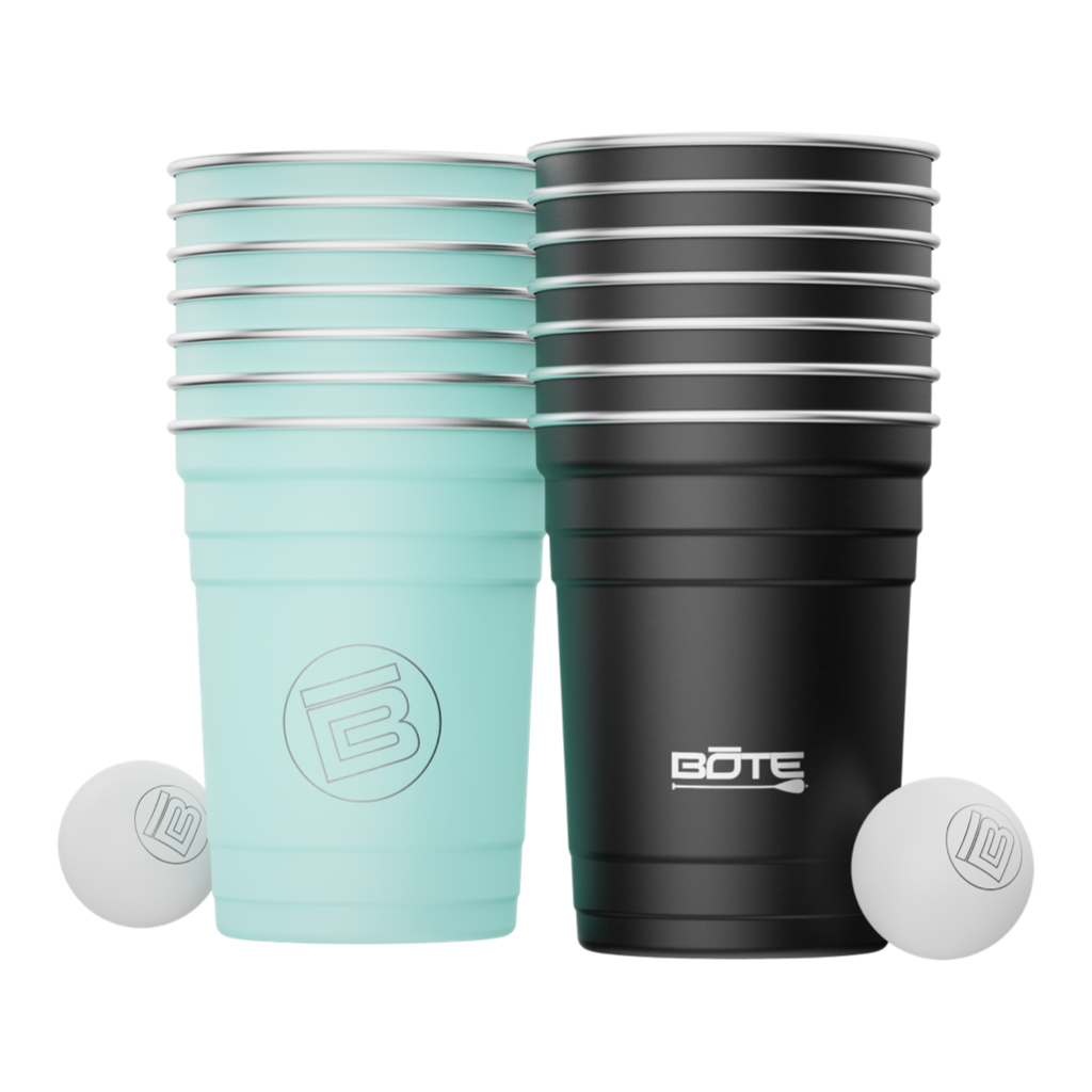 Picture of two sets of BOTE Pong Classic cups and balls