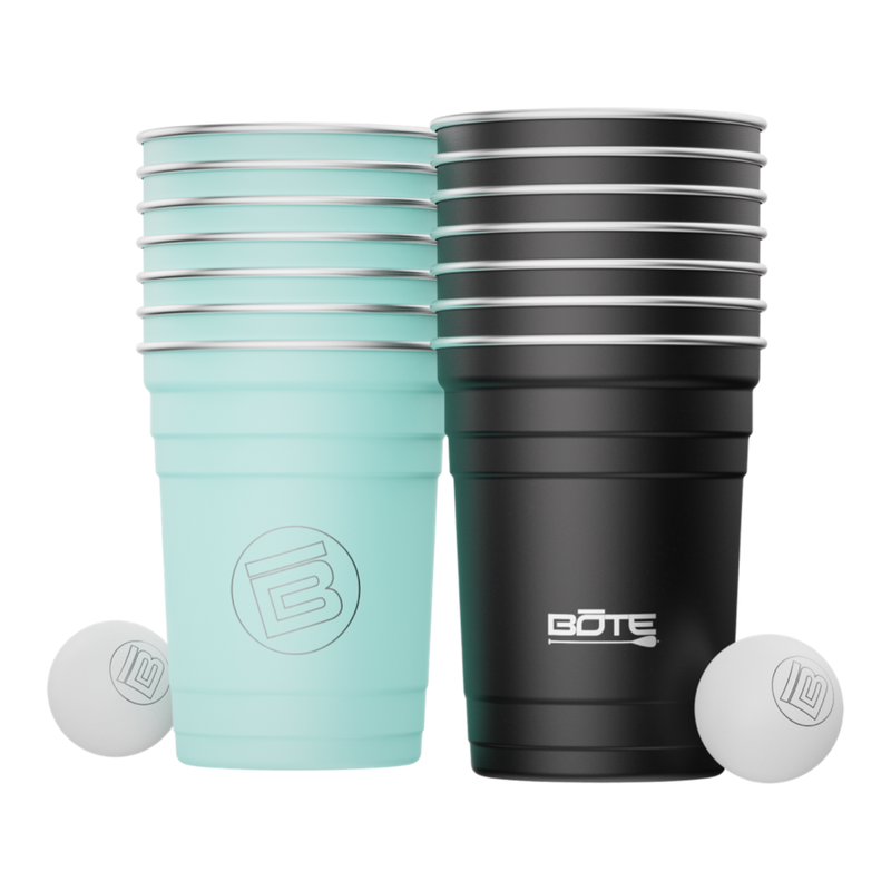 Picture of two sets of BOTE Pong Classic cups and balls