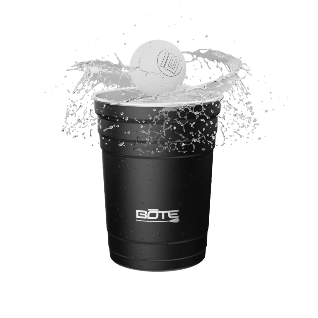 A BOTE pong ball splashing in a cup