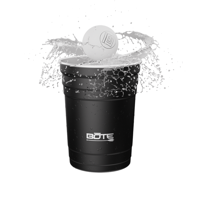 A BOTE pong ball splashing in a cup