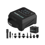 AeroPump Mini with included hose, nozzle set, power adapters, and zippered storage pouch.