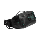 Angled front view of Highwater Belt Pack Black with black zippers and teal accents.