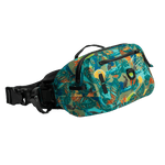 Angled view of Native Bombardier belt pack showing front pocket and bold tropical print.