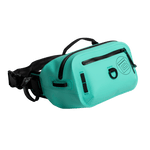 Angled side view of Highwater Belt Pack Seafoam with black zippers and top handle.