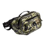 Angled view of Highwater Belt Pack Verge Camo with hex camo print and black zippers.