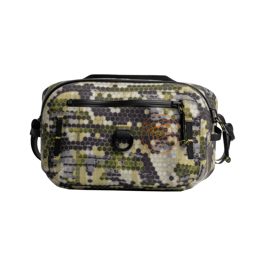 Front view of Highwater Belt Pack Verge Camo with orange logo and waterproof zipper.
