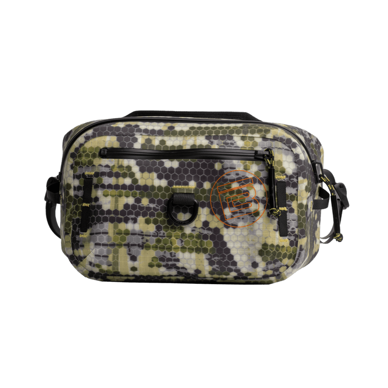 Front view of Highwater Belt Pack Verge Camo with orange logo and waterproof zipper.