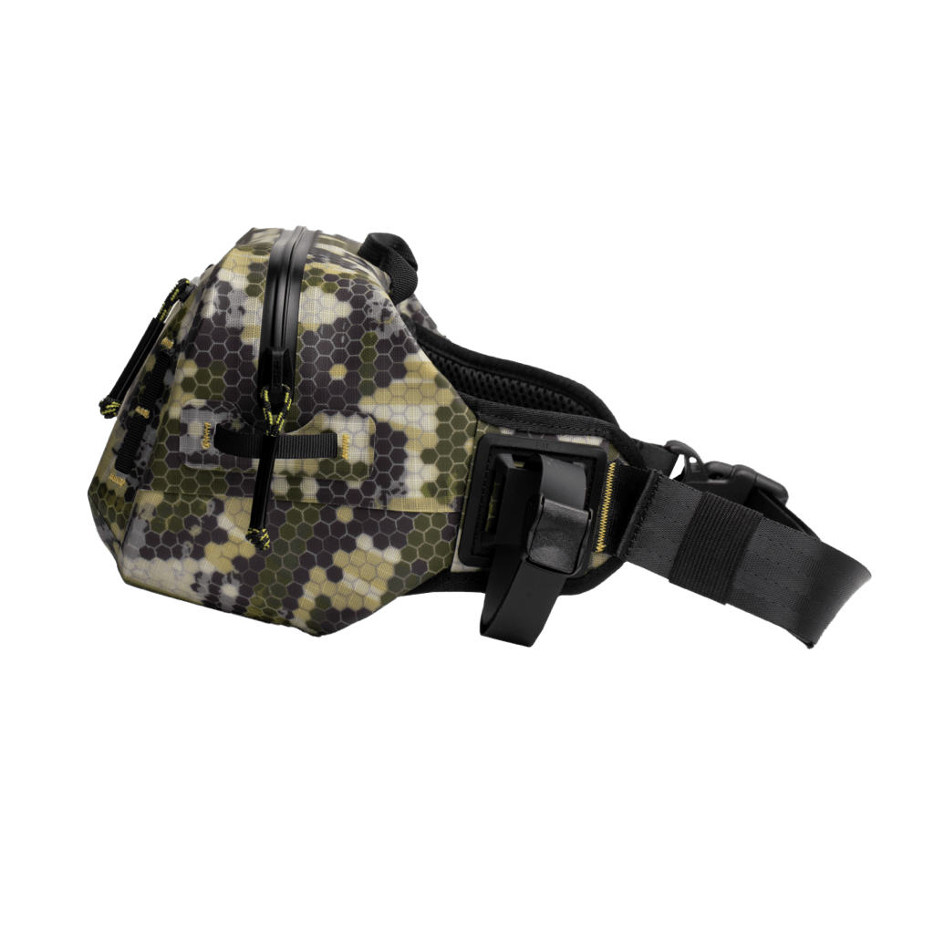 Side view of Highwater Belt Pack Verge Camo showing buckle strap and camo texture.
