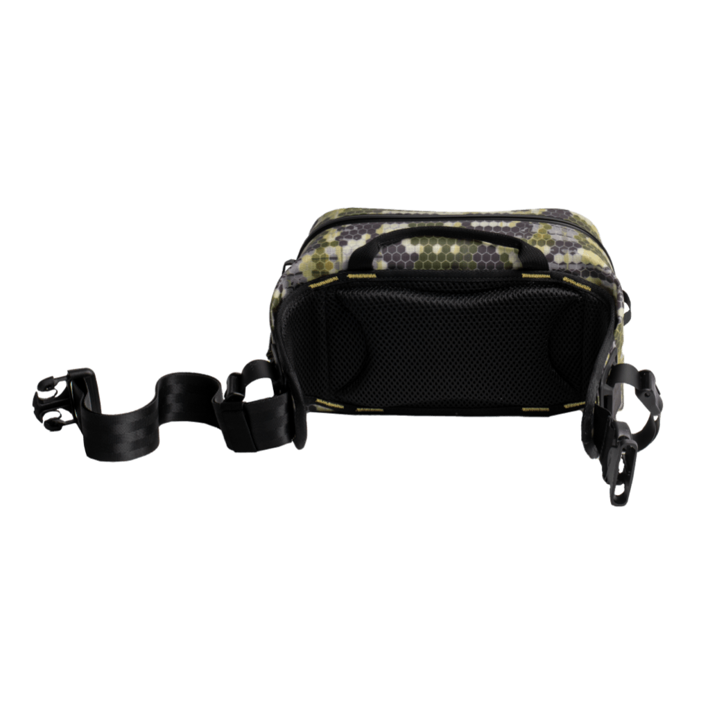 Bottom view of Highwater Belt Pack Verge Camo with mesh back panel and webbing straps.