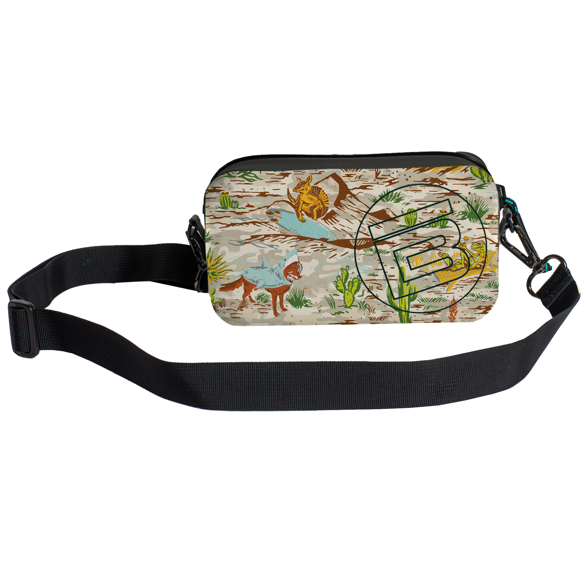 Side view of Highwater Hitchhiker Native Sendero with desert animal and cactus print.